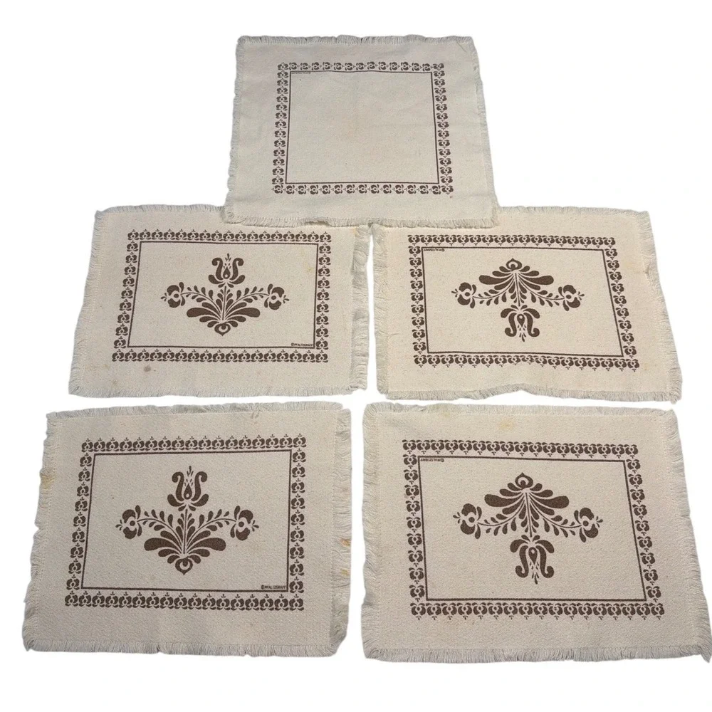 VTG Pfaltzgraff Village Placemats Brown Cream Floral Fringed Farmhouse Set of 5